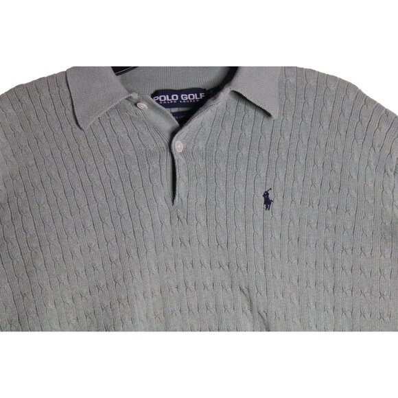 Vtg Polo Golf Ralph Lauren L/S Green Cable Knit Polo Sweater Men's XL - Picture 2 of 4